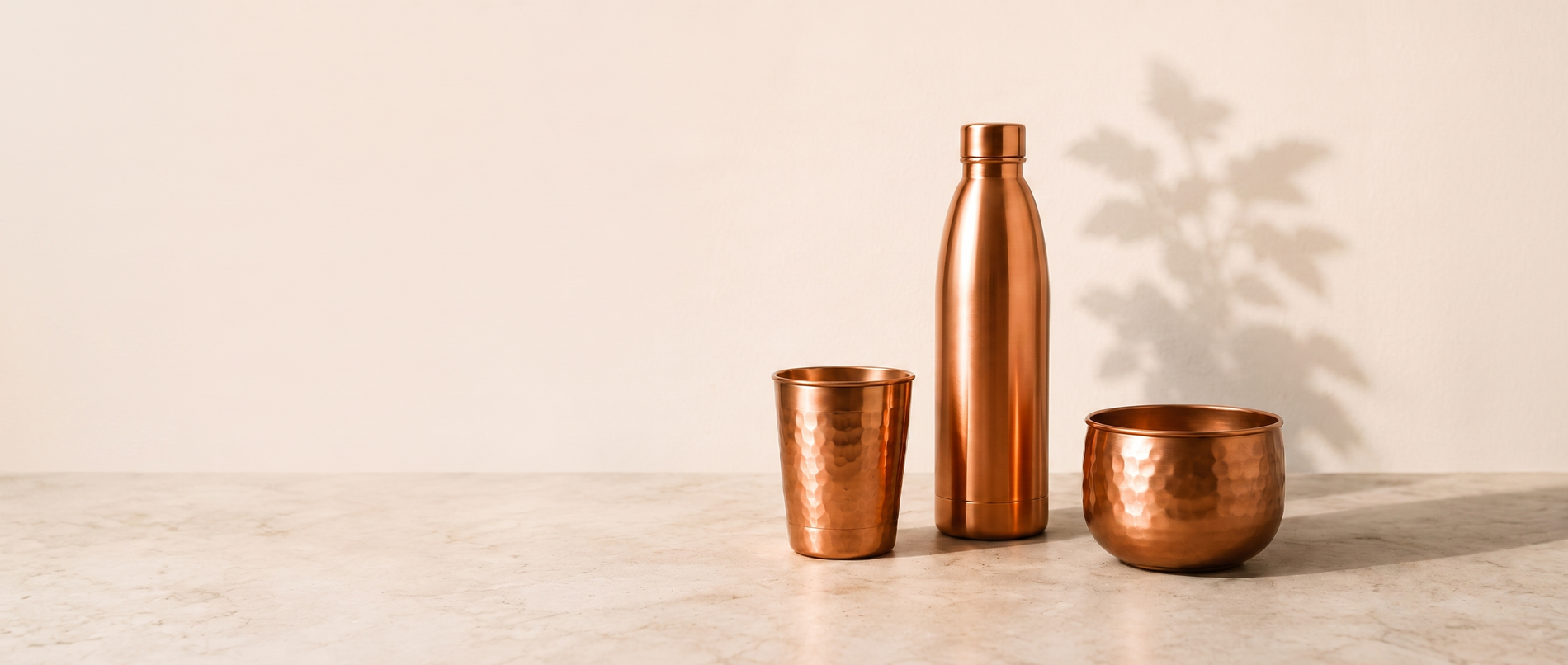 Orvéa copper bottle, tumbler and bowl